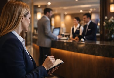 Mystery guest conducting hotel service audit by observing front desk interaction and taking notes