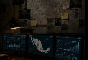A dark workspace with computer monitors showing data charts and a large map on the wall with notes for election analysis.