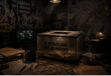 A transparent glass ballot box on a desk with maps and documents in a dark political campaign room.