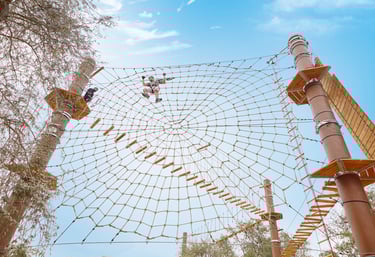 A person climbs a giant spider web rope course at an outdoor adventure park under a clear blue sky.