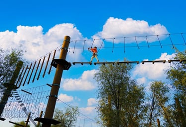 A person navigates a high ropes adventure course with wooden bridges and cables against a blue sky.