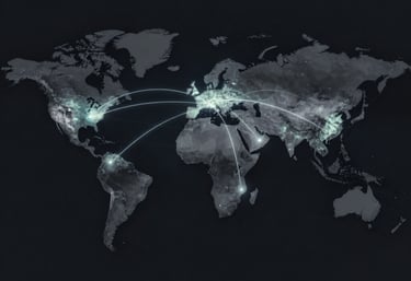 A panoramic night view of a global financial district skyline, illuminated with subtle gold accents reflecting power and structure.