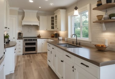 A skilled handyman installing elegant tile backsplash in a modern kitchen.