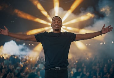 a man with his arms open and arms wide open, with a crowd of people