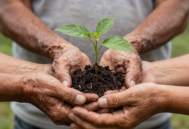 Photography of elderly hands and younger hands holding a small seedling together, South American / Colombian rural setting, soft natural light, symbolizing community.