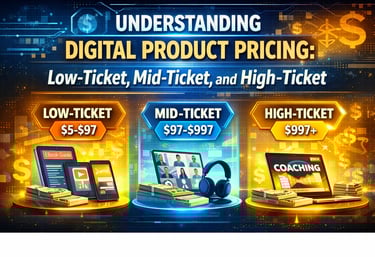 Guide to digital product pricing tiers for low-ticket, mid-ticket, and high-ticket coaching services.