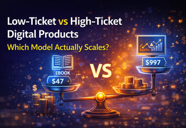 Comparison of low-ticket vs high-ticket digital products shown on a scale with a $47 ebook and $997 course.