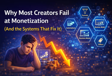 Frustrated creator next to a falling profit arrow and monetization system icons for funnels and automations.