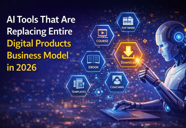 AI robot interacting with digital product icons like courses, ebooks, and software for 2026 business models.