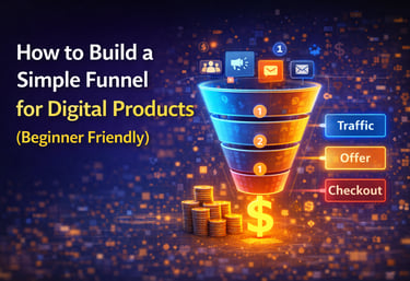 A beginner-friendly guide showing how to build a sales funnel for digital products, featuring traffic and checkout steps.