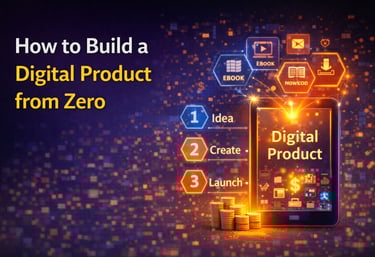 Infographic showing how to build a digital product from zero with steps for idea, create, and launch.