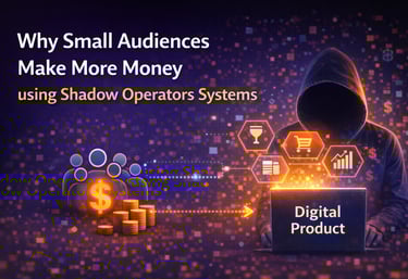 Hooded figure using Shadow Operators Systems to monetize a small audience with digital products.