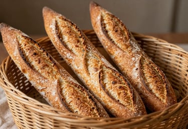Still life photography of several French baguettes in a wicker basket. The crust is deeply golden and scored beautifully. European / French bakery morning lighting with warm tan and brown hues.