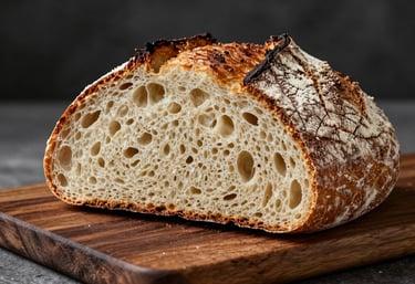 A round loaf of rustic sourdough bread sliced on a dark brown wooden board. The interior shows a perfect open crumb. Soft lighting accentuating the floury crust and artisanal quality. European / French context.