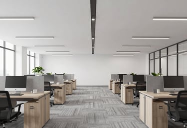 Modern office interior with sleek desks and warm lighting.