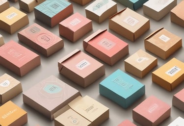 A vibrant blue and pink themed graphic showcasing STP Printer's packaging products.