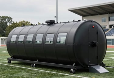 A sleek hyperbaric oxygen chamber installed inside a professional football club's training facility, bathed in natural light.