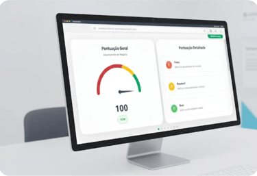 Monitor de computador exibindo relatório de desempenho e pontuação de otimização do Google Meu Negócio pela Edi Marketing