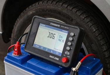 Close up of a car battery being tested with modern electronic equipment in a South American / Brazilian repair shop. Sharp focus on the digital screen and blue battery casing.