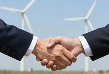A close-up of a handshake between two professionals with wind turbines blurred in the background, symbol of trust and partnership.