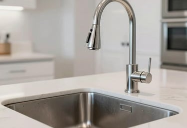 A bright, clean modern kitchen in a North American home featuring a deep stainless steel sink and a contemporary pull-down faucet, reflecting professional quality.