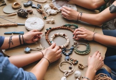 Close-up of hands skillfully tying macramé knots with natural stone beads.