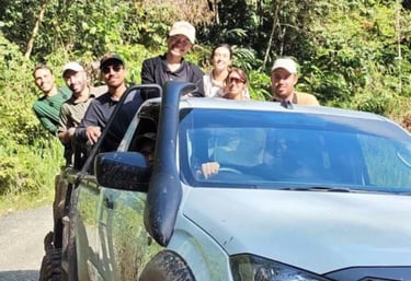 Tour group riding on a 4x4 truck through the rainforest during a Deramakot wildlife adventure