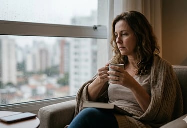 Mulher pensativa tomando café à beira de uma janela em dia chuvoso.
