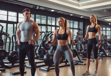 Modern gym with state-of-the-art equipment and large windows.