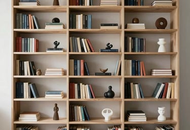 A modern French artist's library with books and small sculptures, very clean and minimalist.