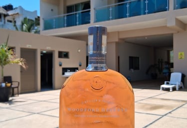 Botella de Whisky con instalaciones de Bungalows Aleday de fondo.