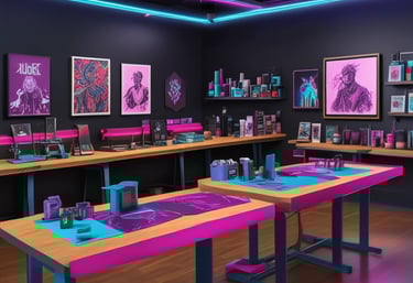 Creative workspace with digital design tools and sketches scattered around.