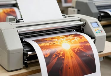 A busy print shop with large-scale signboards and billboards in progress, glowing under warm lighting.