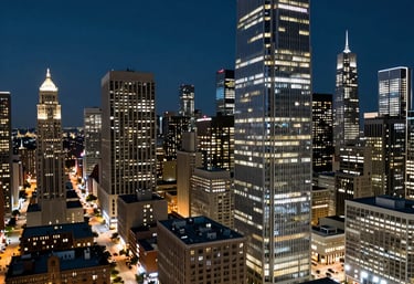 A wide photography shot of a modern city at night, with bright lights and a sense of constant movement and innovation. The colors are predominantly navy and pale blue. North American context.