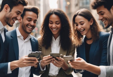 A group of young professionals from Bolivia happily using a fintech app on their smartphones.