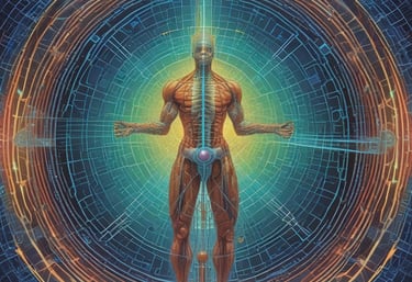 Abstract visualization of bio-electromagnetic fields harmonizing in vibrant colors.