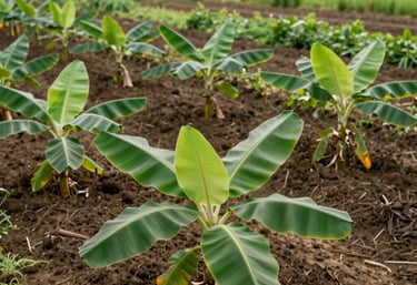 Close-up of rich, dark soil sprinkled with natural fertilizer granules beside vibrant green seedlings.