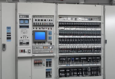 Technician working on an industrial PLC and HMI panel in a factory setting.