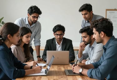 A group of young South Asian / Pakistani professionals and students collaborating around a wooden table in a high-end, minimal workshop setting.