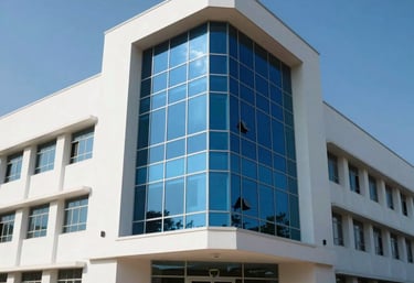 A sleek, architectural shot of a South Asian / Pakistani school building with modern white facades and large glass panels reflecting a blue sky.
