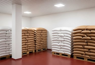 a room with a lot of bags of spices on pallets