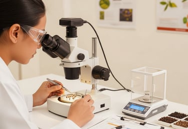 a woman in a lab coat is looking at spices