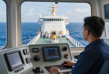 Elegant ship captain overseeing vessel operations at sea during golden hour.