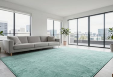 A wide-angle interior shot of a pristine, modern living room in Melbourne with freshly steam-cleaned carpets. The space looks airy and clean, with a palette reflecting #82B2B3 and #EDF5F5.