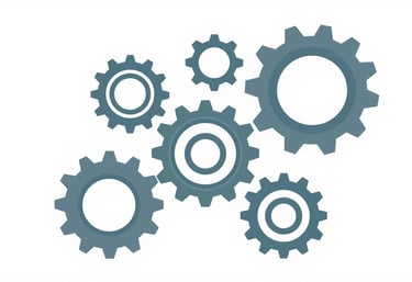 A digital illustration of interconnected nodes and gears in #B0C5CD and #4F6D7A, representing streamlined process improvements and efficiency.