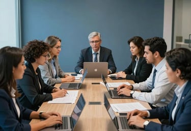 A collaborative meeting of South American / Brazilian professionals around a large table, with laptops and documents, in a modern office with steel blue and muted blue decor.