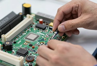 Technician repairing a laptop motherboard with precision tools in a modern workshop.