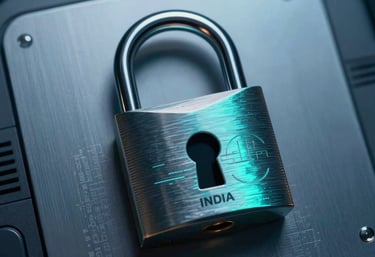 A high-tech digital lock graphic reflecting steel blue and teal light, symbolizing advanced data encryption and online security for Indian users.