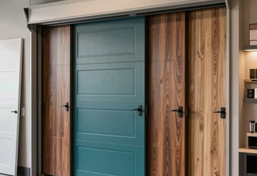 A well-lit showroom displaying modern garage door panels in various finishes like matte teal and wood grain, North American / US interior design.