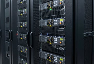 High-tech server equipment in a secure Brazilian data center, representing the technological infrastructure and efficiency behind our tele-servicing solutions.